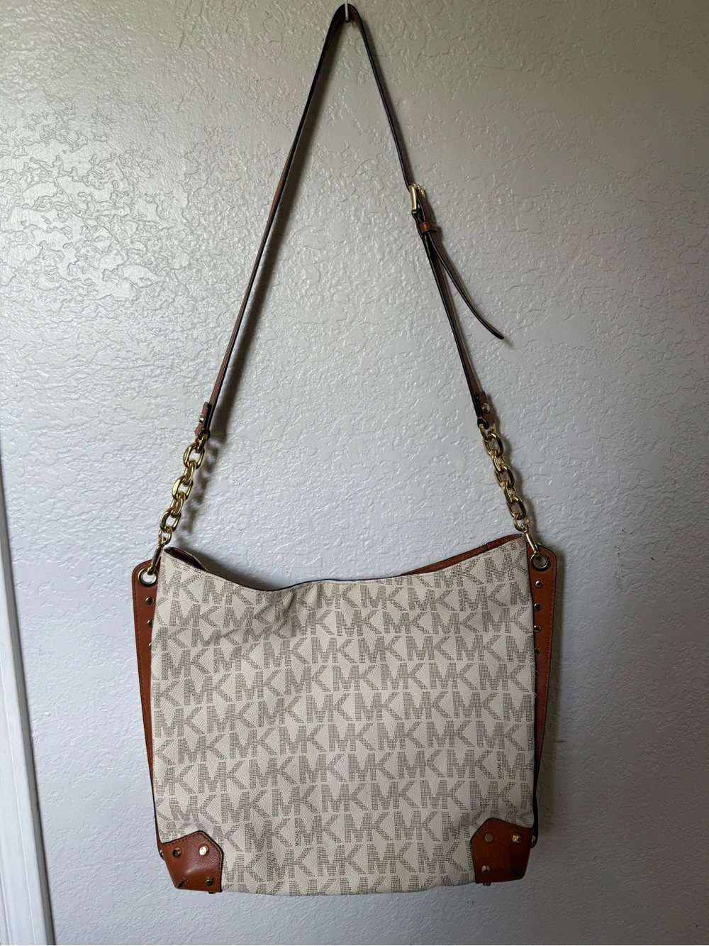 Michael Kors Cream MK Logo Shoulder Bag with Brown Trim